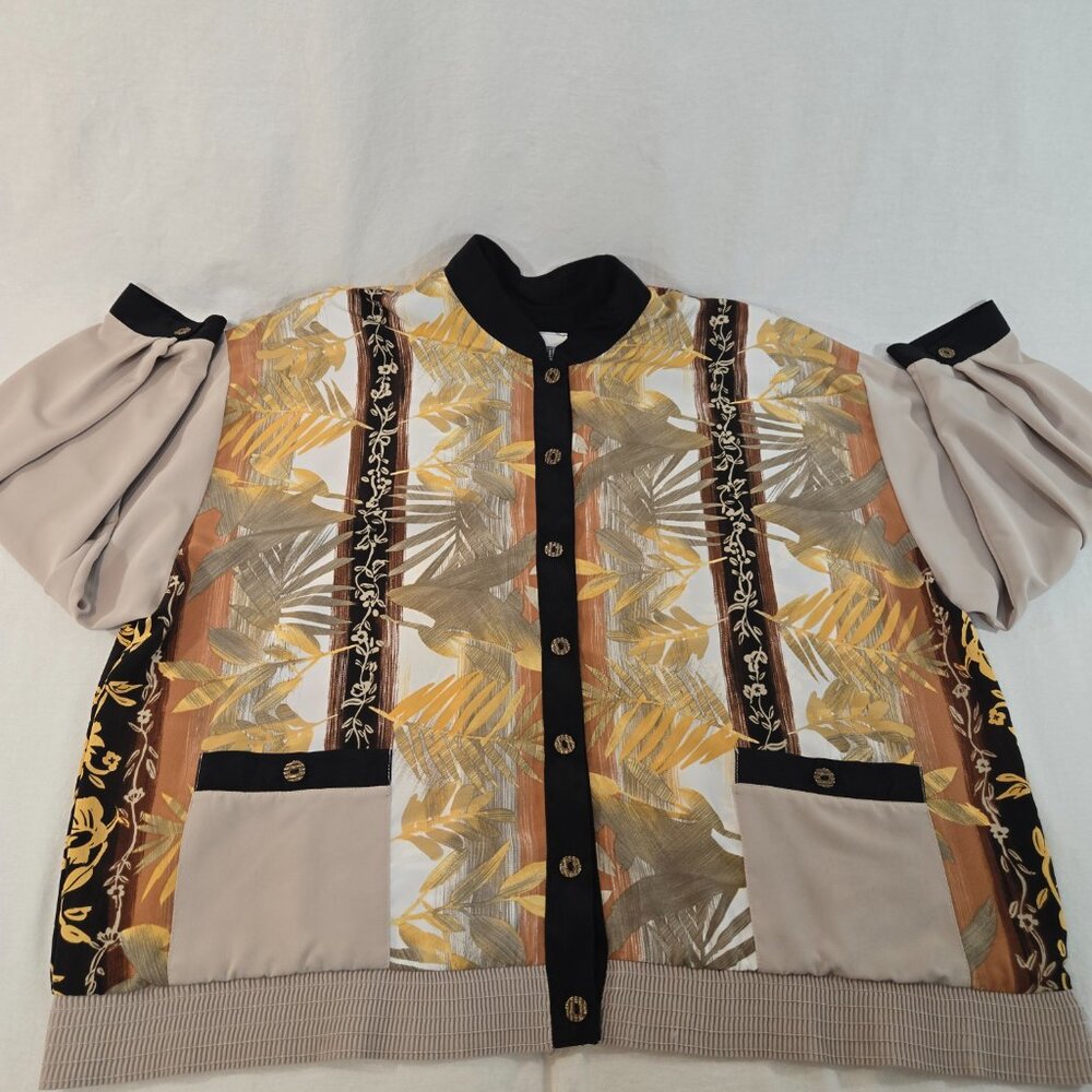 USA Made PETER POPOVITCH Vintage Retro Silky Tan  Floral Bomber Jacket Size X-L. - Picture 6 of 16